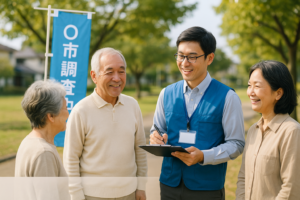 自治体職員が住民に対してフィールドでアンケートを実施している様子