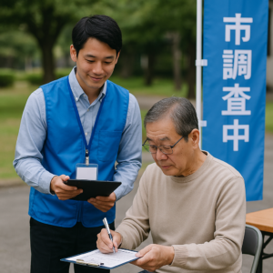 自治体のフィールド調査でアンケート回答を記入する様子（別の人物）