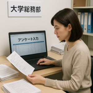大学総務部の職員が、学生アンケートを参照しながらPCに正対して入力作業を行っている自然な構図