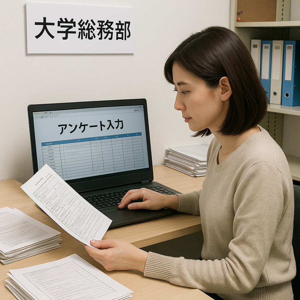 大学総務部の職員が、学生アンケートを参照しながらPCに正対して入力作業を行っている自然な構図
