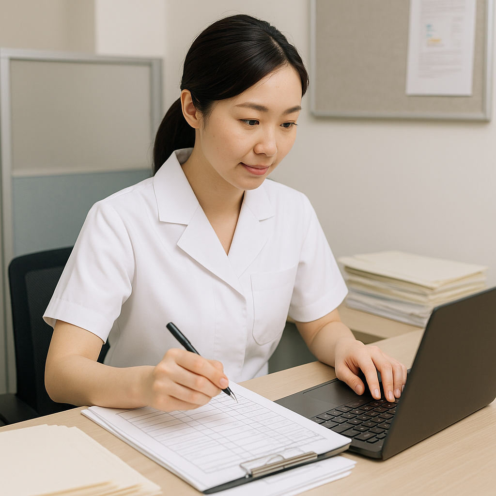 院内アンケートを入力する医療事務スタッフ